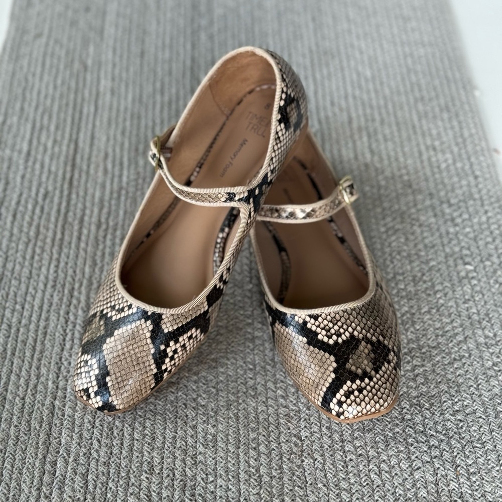 Time and Tru Black Brown White Snakeskin Square Toe Maryjane Ballet Flats Sz 8